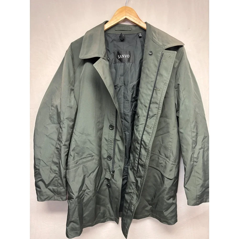Sanyo Trench Coat Mens Deep Forest Green Long Sleeve Pocket Travel Outdoor Small